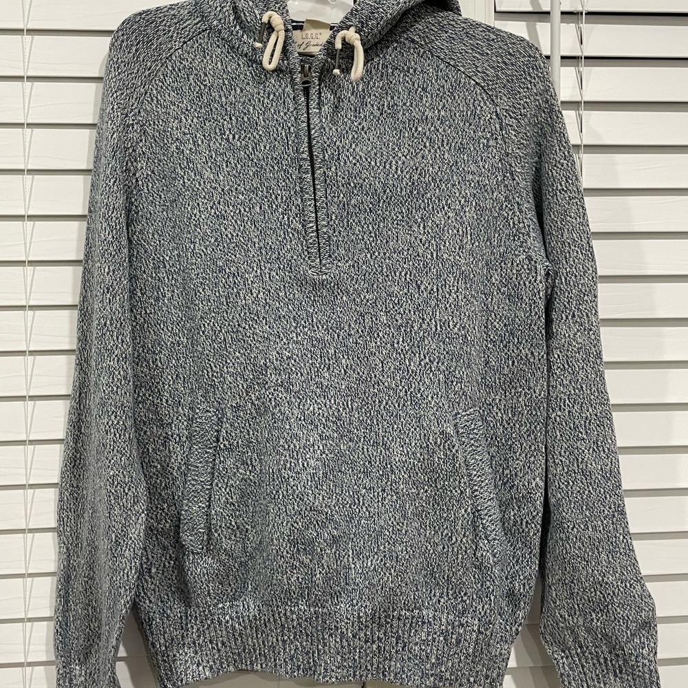 Blue/cream knit hoodie.
